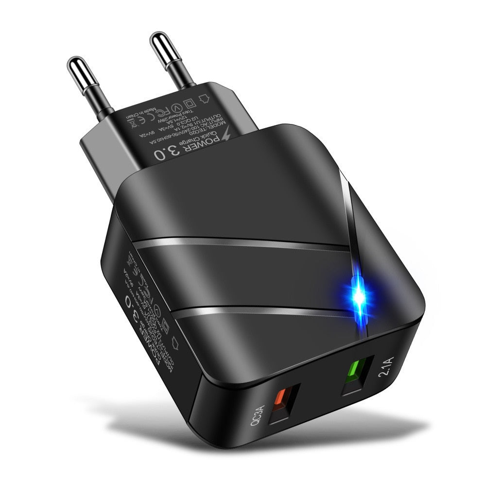 Dual USB Qc3.0 + 2.1a Cargador de teléfono móvil de carga rápida multipuerto Puerto dual Estándar americano Estándar europeo Carga rápida