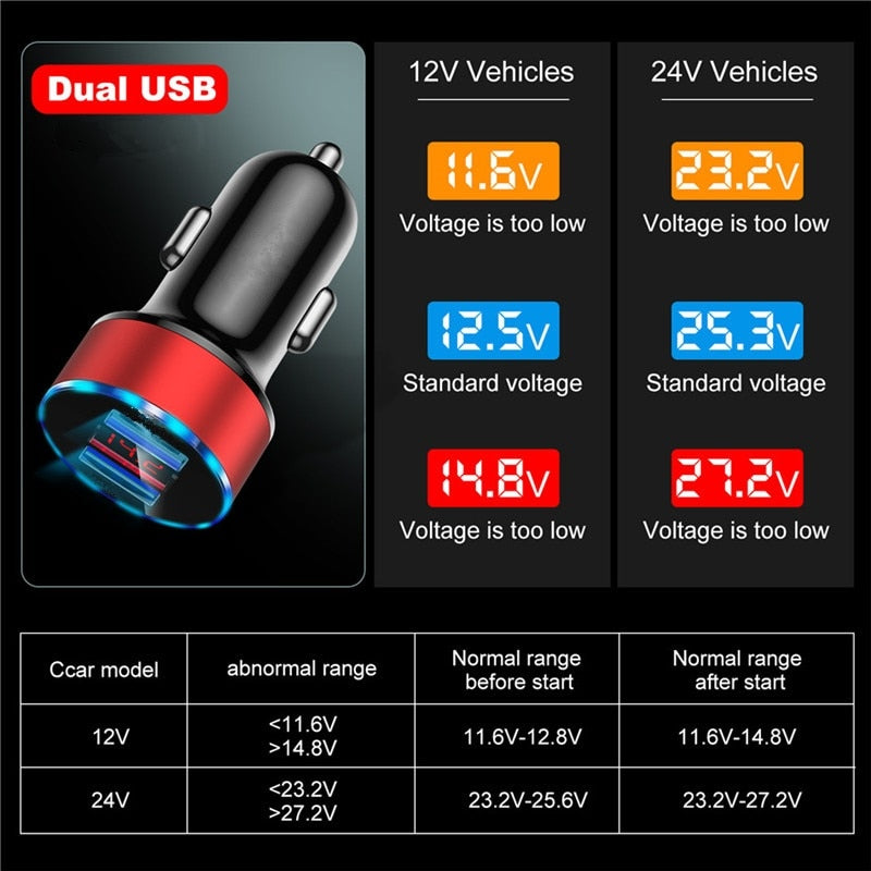 Cargador de coche Dual USB QC 3,0 adaptador encendedor de cigarrillos voltímetro LED para todo tipo de cargador de teléfono móvil carga inteligente Dual USB