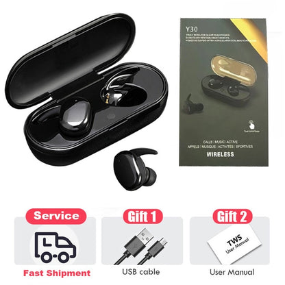 Y30 Auriculares Bluetooth Auriculares inalámbricos Control táctil Auriculares deportivos Micrófono Funciona en todos los teléfonos inteligentes Auriculares de música TWS