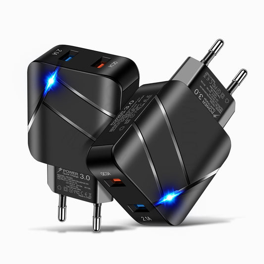 Dual USB Qc3.0 + 2.1a Cargador de teléfono móvil de carga rápida multipuerto Puerto dual Estándar americano Estándar europeo Carga rápida