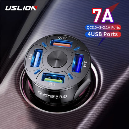 USLION 4 puertos USB Car Charge 48W Quick 7A Mini carga rápida para iPhone 11 Xiaomi Huawei Adaptador de cargador de teléfono móvil en el coche