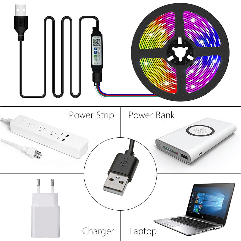 5V USB WIFI Bluetooth 1M-30M 5050 tiras de luces Led USB impermeable RGB lámpara de cinta de diodo Led para decoración dormitorio TV retroiluminación